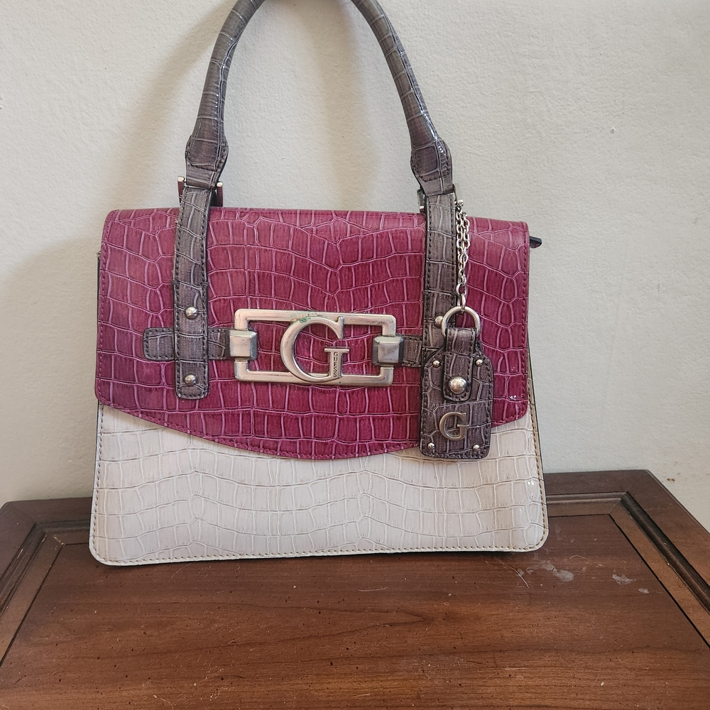 Guess Croc-Embossed Satchel in Purple and Cream